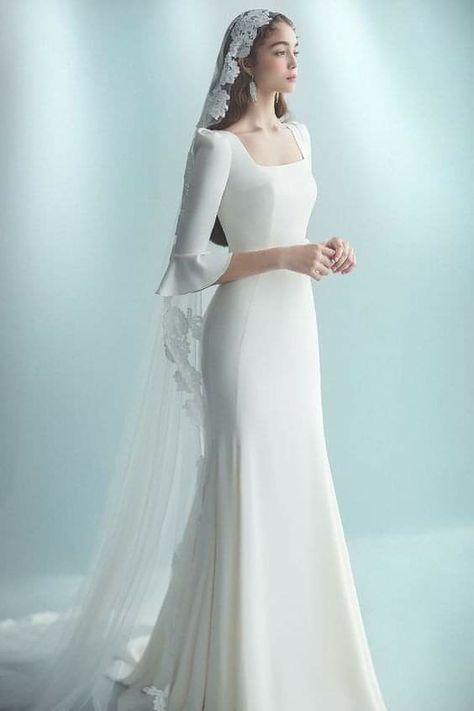 Wedding Gown Simple Elegant Reception Dresses, Plain Wedding Gown, Nonwhite Wedding Dress, Korean Wedding Dress Simple, Korean Wedding Dress, Baju Kahwin, Plain Wedding Dress, Minimal Wedding Dress, Classy Wedding Dress