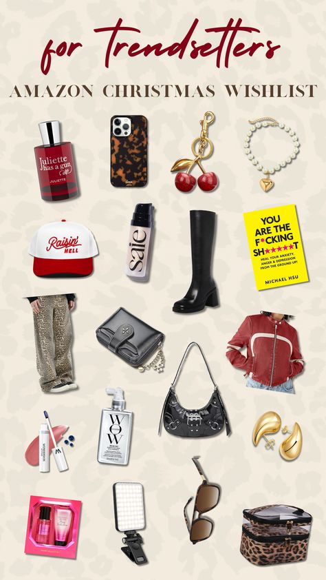 A trendy Christmas wishlist collage featuring popular gift ideas, including luxury perfume, tortoiseshell iPhone case, cherry keychain, pearl bracelet, "You Are The Fcking Sht" book, "Raisin' Hell" cap, beauty serum, black heeled boots, leopard print pants, designer wallet, red and white leather jacket, black mini shoulder bag, gold abstract earrings, pink makeup gift set, LED selfie light, tortoiseshell sunglasses, leopard print cosmetic bag, and more. Amazon Christmas Ideas, Gift Ideas For Fashion Lovers, Trendy Amazon Finds, Christmas Amazon Finds, Amazon Must Haves 2024, Christmas Wishlist 2024, Amazon Wishlist Ideas, Amazon Christmas List, Best Items On Amazon