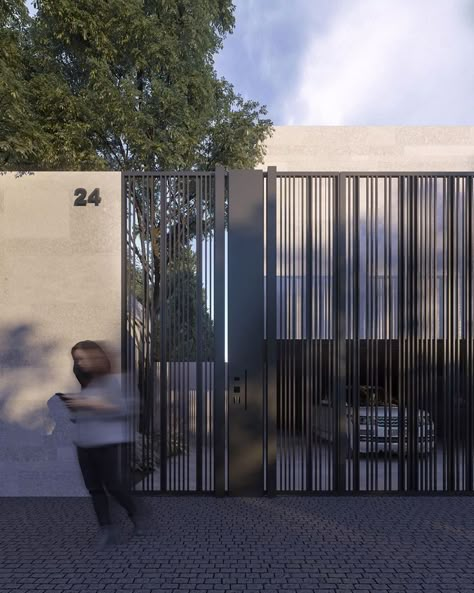 Minimalist Fence Design Modern Houses, Entry Fence And Gate, House Gate Design Front Entry, Minimalist Gate Design Modern, Gates Design Modern, House Entrance Gate, Metal Fence Design, Fence Design Modern, Gate Design Modern Entrance