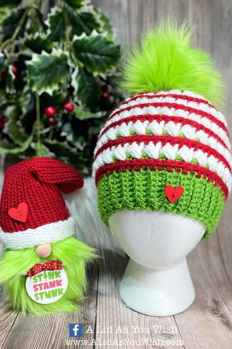 Loom Knit Grinch Hat, How To Display Crochet Hats, Grinch Hat Crochet, Crochet Grinch Hat Pattern Free, Grinch Crochet Hat, Crochet Christmas Tree Hat Pattern, Crochet Grinch Hat, Christmas Hat Crochet, Crochet Christmas Hat