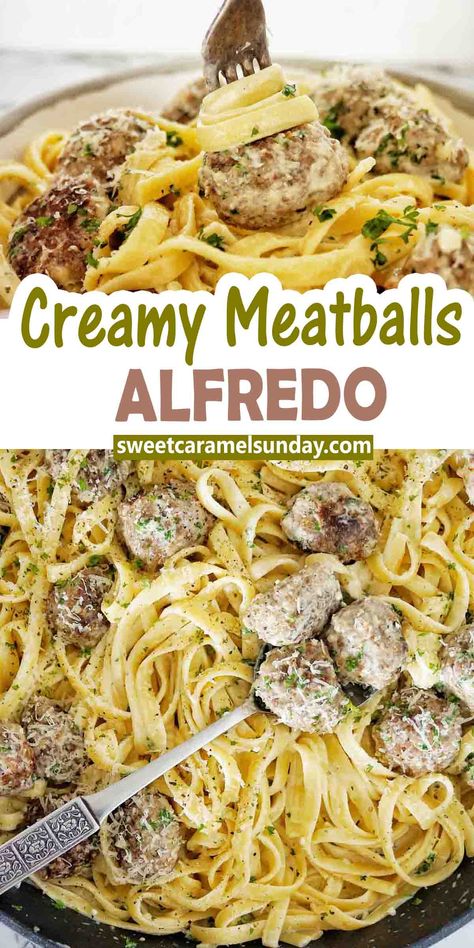 Meatballs Alfredo are a quick and easy creamy cheesy pasta recipe that make the perfect comfort food. The whole family will love the creamy sauce with juicy beef meatballs and al dente fettuccine. @sweetcaramelsunday Recipes With Fettuccine Noodles, Meatballs Alfredo, Alfredo Meatballs, Easy Fettucini Alfredo, Creamy Meatballs, Meatball Pasta Recipes, Fettucini Alfredo Recipe, Fettuccine Alfredo Sauce, Fettuccini Noodles