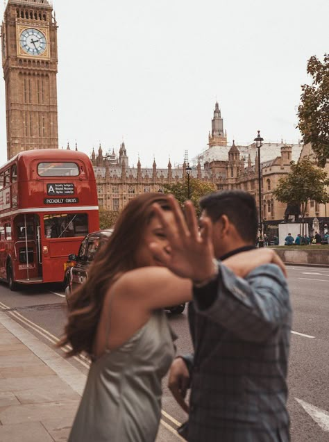 Laughing young Gen Z couple in love in London by Big Ben with a red bus in the background London Couple Aesthetic, Cute Couple Pics Aesthetic, London Honeymoon, London Diaries, London Photo Ideas, London Elopement, London Couple, Love In London, London Engagement