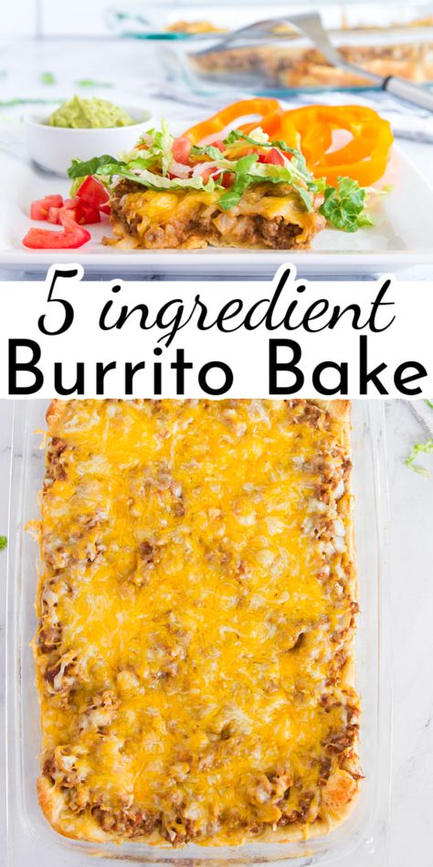 With just 6 ingredients (plus whatever toppings you love) this Easy Burrito Bake is the perfect meal for busy families! via @nmburk Easy Burritos, Burrito Bake, Easy Burrito Recipe, Baked Burritos, Taco Casserole Bake, Beef Burrito Recipe, Burrito Casserole, Taco Bake, Mexican Casserole