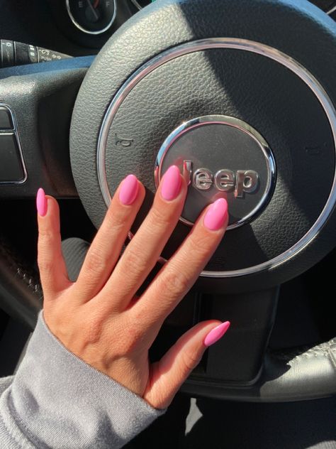 Pink Acrylic Nails Solid Color, Short Round Pink Acrylic Nails, Gel Nails With Tips Ideas, Solid Pink Nails Short, Simple Summer Nails Almond Pink, Nail Colors By Month, Plain Pink Acrylic Nails Almond, Bubblegum Acrylic Nails, Short Rounded Pink Nails