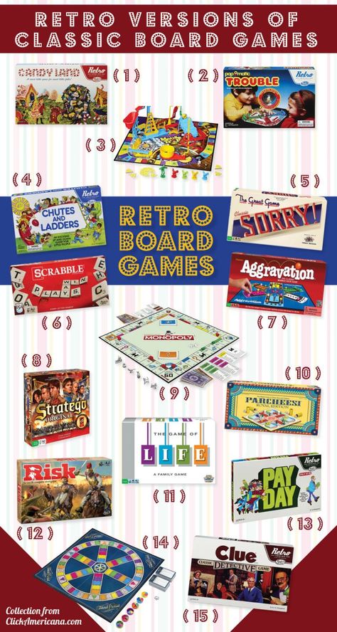 Retro versions of classic board games: 12 hits of yesteryear you can get again - #vintagegames #vintage #boardgames #classicgames #clickamericana #giftguide 1980s Board Games, 80s Board Games, Retro Board Games, 1960s Games, 70s Games, 70s Board Games, 90s Board Games, Nostalgia Games, Nursing Home Week