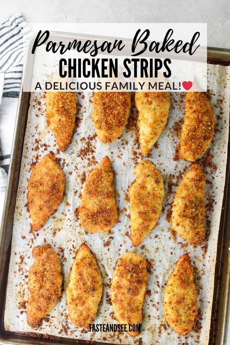 This Parmesan Baked Chicken Strips recipe is a sure-fire crowd pleaser!! Golden on the outside and tender and juicy on the inside... coated in a cheesy crust with a marinara dipping sauce, these baked chicken tenders are an easy and delicious meal the whole family will love! Chicken Tender Parmesan Recipe, Chicken Breast Strips Recipes, Parmesan Baked Chicken, Healthy Chicken Strips, Chicken Tender Recipes Baked, Baked Chicken Tenderloins, Marinara Dipping Sauce, Gluten Free Chicken Tenders, Chicken Strips Recipe