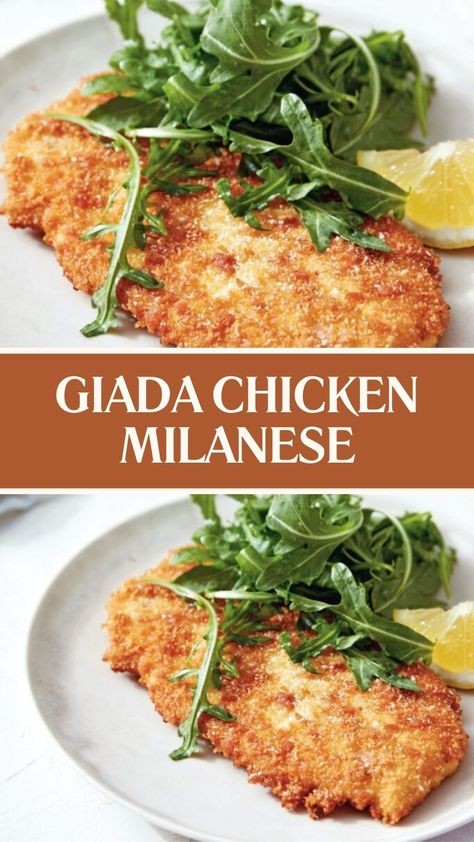 Giada Chicken Milanese Lemon Chicken Milanese, Healthy Chicken Milanese Recipe, Italian Weeknight Dinner, Milanese Chicken Recipes, Chicken Vesuvio Recipe Giada, Everyday Side Dishes, Dean And Deluca Recipes, Chicken Milanese Baked, Crispy Chicken Milanese