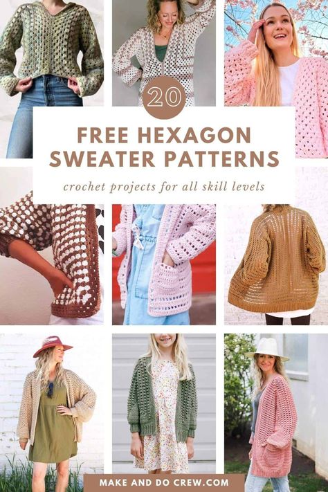 20 Crochet Hexagon Cardigans + Sweaters for Beginners Crochet A Hexagon, Hexagon Crochet Cardigan, Hexagon Sweater, Free Crochet Sweater Patterns, Crochet Sweater Ideas, Hexagon Crochet Pattern, Hexagon Cardigan, Hexagon Crochet, Free Crochet Sweater