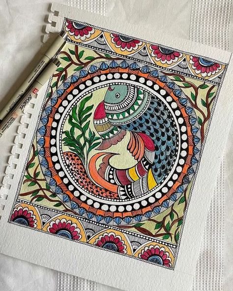 Indian Art Inspiration, Madhu Bani Paintings, Best Madhubani Paintings, Madhubani Art Painting, Traditional Madhubani Art Krishna, Latest Mandala Art, Madhubani Art On Canvas, Traditional Mandala Art, Madhubani Mandala Art