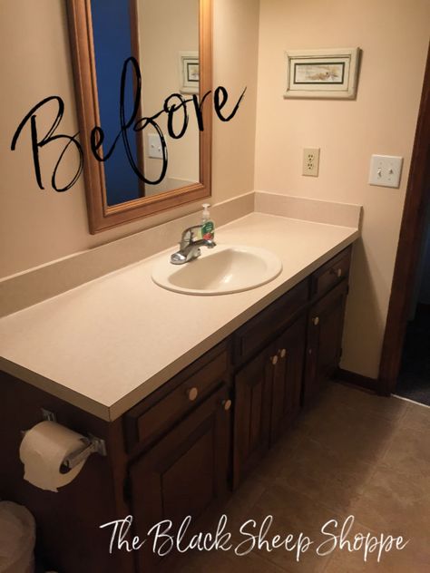 Before: dark brown wood vanity. Dark Brown Bathroom, Painted Bathroom Vanity, Brown Bathroom Vanity, Dark Brown Floor, Painted Vanity Bathroom, Dark Wood Bathroom, Brown Bathroom Ideas, Dark Brown Cabinets, Blue Bathroom Vanity