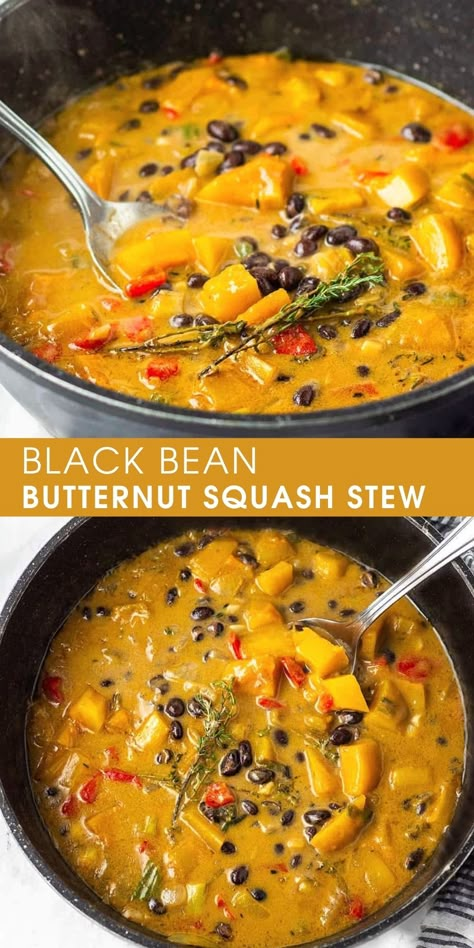 Black Bean Butternut Squash, Squash Stew, Butternut Squash Stew, Healthy Stew, Butternut Squash Recipes, Black Spaghetti, Vegan Soups, Collard Greens, Squash Recipes