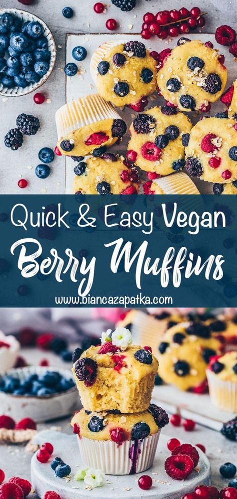 Vegan Berry Muffins with Yogurt (Easy Cupcakes) Muffins With Yogurt, Yoghurt Muffins, Mixed Berry Muffins, Breakfast Cupcakes, Berry Yogurt, Yogurt Muffins, Muffins Vegan, Yoghurt Cake, Quick Easy Vegan