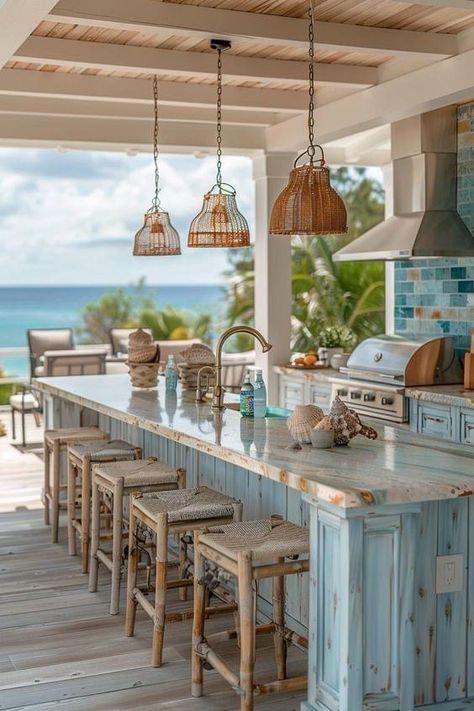 Aesthetic Beach House Kitchen, Summer House Kitchen Ideas, Beach Outdoor Kitchen, Outdoor Beach Bar Ideas, Lanai Bar Ideas Florida, Pool Kitchen Outdoor, Beach House Outdoor Kitchen, Coastal Outdoor Kitchen, Backyard Kitchen And Pool