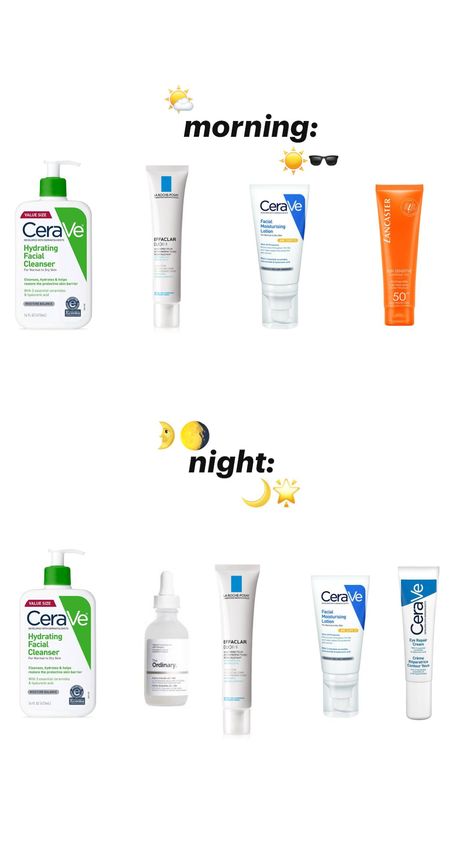 morning and night skincare routine for normal skin, serum helps with stubborn forhead bumps!! Skincare Routine For Normal Skin, Lotion Cerave, Cerave Eye Repair Cream, Cerave Facial Moisturizing Lotion, Morning And Night Skincare, La Roche Posay Effaclar Duo, Eye Repair Cream, Cerave Hydrating Cleanser, Night Skincare Routine