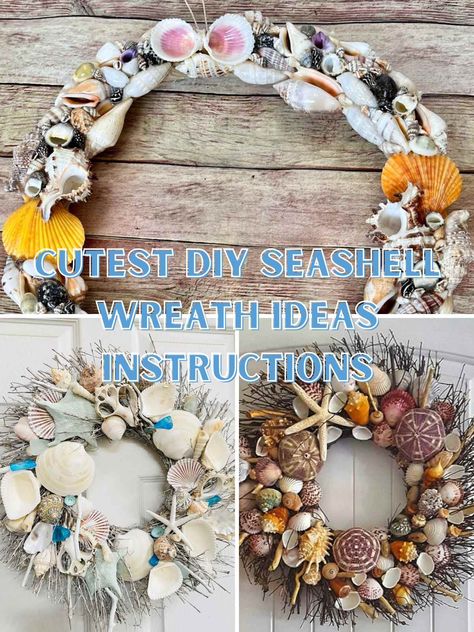 Cutest DIY Seashell Wreath Ideas & Instructions - Pink Pop Design Seashell Wreaths Diy, How To Make A Seashell Wreath, Diy Seashell Wreath, Coastal Wreath Diy, Diy Shell Wreath, Sea Shell Wreath Ideas Diy, Sea Shell Wreaths Ideas, Seashell Wreath Diy, Shell Wreath Diy Seashells