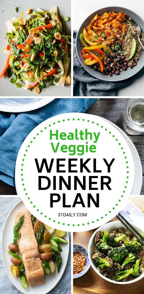 A week of healthy, easy weeknight dinner ideas. This week, emphasizes lots of healthy vegetables! Meal Plan // Week 12: Healthy Veggie Week | 31Daily.com #healthyrecipes #mealplan #weeknightdinners #easyrecipes #31Daily Vegeterian Week Meal Plan, Weekly Dinner Meal Plan, Vegetarian Pad Thai, Dinner Planning Weekly, Healthy Veggie Recipes, Dinner Meal Plan, Easy Weeknight Dinner Ideas, Oven Roasted Salmon, 31 Daily