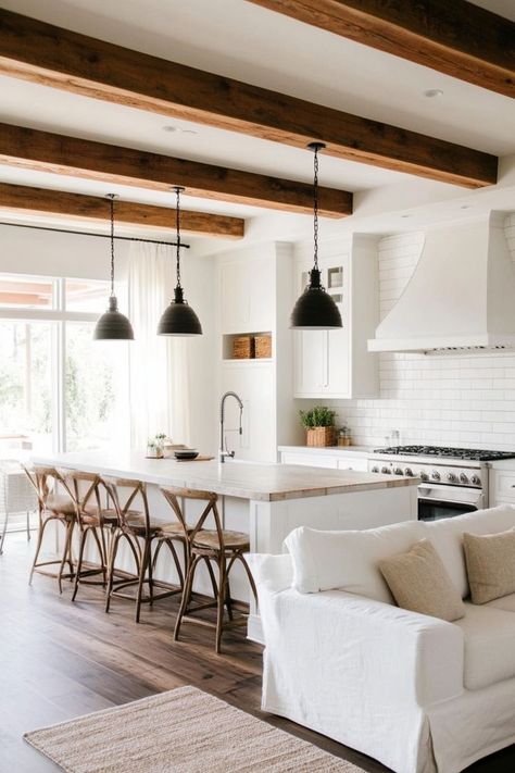 Enhance your home’s character with exposed wooden ceiling beams. Whether you’re going for a farmhouse look or a modern rustic vibe, wooden beams add depth and style. 🏠✨🌲 #WoodenBeams #CeilingDesign #HomeDecor #RusticCharm Exposed Beams In Kitchen, Exposed Beams Bedroom, Wooden Ceiling Beams, Beam In Kitchen, Beams Ceiling, Exposed Beams Ceiling, Wooden Beams Ceiling, Exposed Rafters, Wooden Ceiling