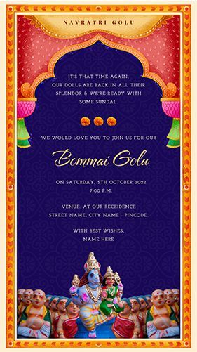 Navratri Golu Invitation | Bommai Golu - Kolu Invite for WhatsApp Bhajan Sandhya Invitation, Navratri Invitation Card, Navratri Invitation, Navratri Poster, Bachelorette Party Cocktails, Navaratri Golu, Ganpati Invitation Card, Invitation For Wedding, Invitation For Birthday