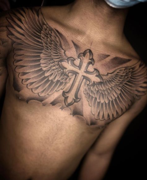 Wings Tattoo For Men, Chest Tattoos Men's Ideas, Tattoos For Guys Chest, Chest Tattoo Lettering, Tattoo Peito, Chest Tattoos For Men, Cross With Wings Tattoo, Wing Tattoo Men, Full Chest Tattoos