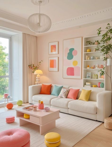 Pastel Color Office Interior, Pastel Theme Living Room, Pastel Sofa Living Rooms, Pastel Mid Century Modern Bedroom, Soft Pastel Interior Design, Home Decor Pastel Colors, Pink Blue Interior, Pastel Colors Home Decor, Pastel Decor Living Room