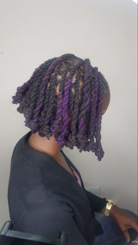 Purple Locs Black Women Natural Hair, Purple Dreadlocks Men, Purple Dyed Locs Black Women, Purple Invisible Locs, No Retwist Loc Styles Medium, Black And Purple Locs, Short Loc Bob, Locs Bob Hairstyle, Purple Locs Black Women