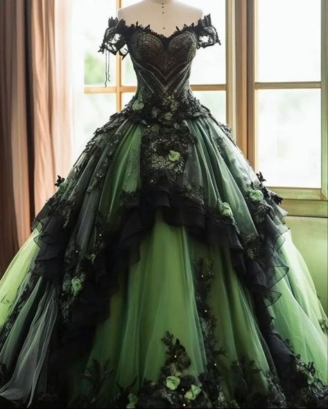 Goth Wedding Dresses, Green Wedding Dresses, Dreamy Gowns, Quince Dress, Dream Wedding Ideas Dresses, Cute Prom Dresses, Fantasy Gowns, Pretty Prom Dresses, Fairytale Dress