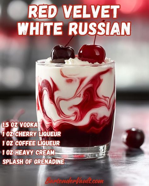 Red Stag Cocktails, Cherry White Russian, White Chocolate Raspberry Russian Drink, Cherry Chocolate White Russian, White Chocolate Raspberry Russian, Alcohol Recipes With Vodka, 3 Ingredients Cocktails, Winter White Russian, Red Christmas Drinks Alcohol