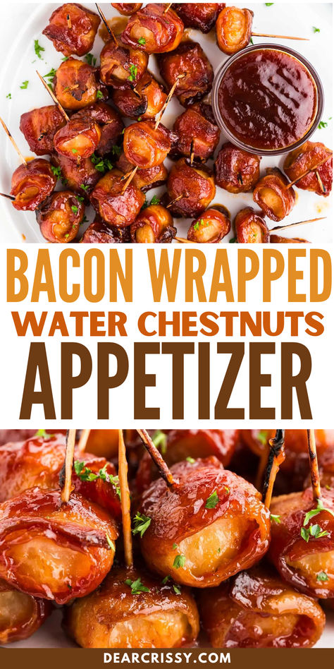 Our Bacon Wrapped Water Chestnuts Appetizer will steal the show. Tender water chestnuts wrapped in crispy bacon, drenched in a sweet and tangy sauce, make for a mouthwatering treat. Bake until the bacon is perfectly crispy and the sauce is caramelized for a savory, satisfying bite. Perfect for parties or a special snack! Thanksgiving Sweet Appetizers, Snacks For Drinking Parties, Orderves For Christmas Party, Bacon Wrapped Food, Bite Sized Appetizers, Bacon Wrapped Tots, Holiday Horderves Appetizers, Christmas Hot Appetizers, Bacon Appetizer