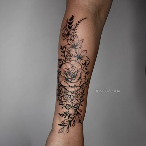 Flower Forearm Tattoo, Larkspur Tattoo, Forearm Tattoo Ideas, Unique Half Sleeve Tattoos, Forearm Tattoo Quotes, Outer Forearm Tattoo, Forearm Flower Tattoo, Beautiful Flower Tattoos, Forearm Tattoo Design