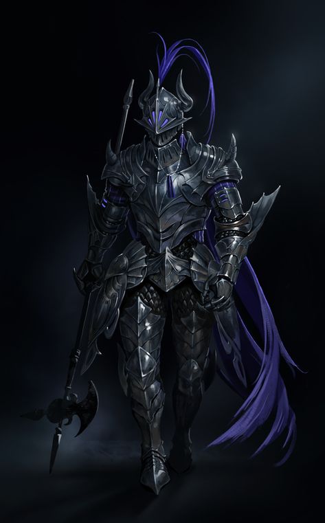 Female Knight In Black Armor, Fantasy Dragon Knight, Dragon Armor Art, Dragon Knight Art, Fantasy Knight Armor, Dragon Armour, Evil Warrior, Magical Knight, Purple Knight