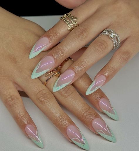 French Almond Nails, French Almond, Classy Acrylic, Green French, Classy Acrylic Nails, Dream Nails, Almond Nails, Nails Nails, Mint Green