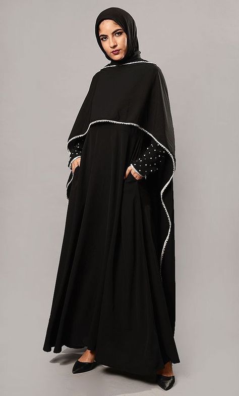 Looks and feels great Abaya Fashion Black, Abaya Fashion Modern, New Abaya Style, Assignment Design, Modern Abaya, Abaya Outfit, Embroidered Cape, Fashion Hijab Outfits, Muslim Dresses