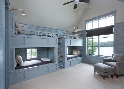 21 Awesome Bunk Rooms Built In Bunk Bed Ideas, Lake House Bunk Rooms, Bunk Bed Wall, Grey Bunk Beds, Corner Bunk Beds, Bunk Room Ideas, Luxury Dorm Room, Bunk Beds For Boys Room, Bunk Bed Ideas