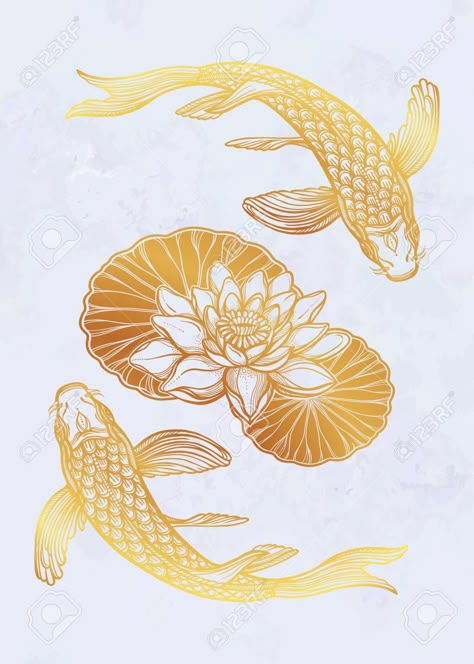 Gold Fish Painting, Koi Dragon, Water Lotus, Lotus Flower Tattoo Design, Koi Painting, Henna Drawings, Houses Uk, Fish Drawing, Lucky Symbols