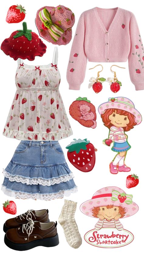 I found all this stuff on ROMWE if you’re looking for it! Strawberry Shortcake Halloween Costume, Strawberry Shortcake Outfits, Strawberry Shortcake Costume, Strawberry Costume, Strawberry Outfit, Pretty Halloween Costumes, Character Inspired Outfits, Trendy Halloween Costumes, Matching Halloween