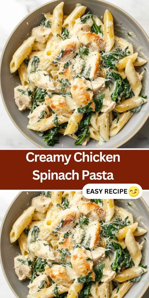 Looking for a quick and delicious dinner idea? This Creamy Chicken Spinach Pasta is the perfect solution! Made with tender chicken, fresh spinach, and a rich, creamy sauce, this pasta dish is both satisfying and easy to prepare. Ideal for busy weeknights, it combines simple ingredients like garlic, Parmesan cheese, and a hint of lemon for a burst of flavor. Ready in under 30 minutes, this recipe will become a family favorite. Try this easy and flavorful pasta recipe tonight! Chicken And Greens Pasta, Chicken Spinach Noodles Recipes, Dinner Recipes Using Spinach, Spinach Alfredo Pasta Recipes, Chicken Feta Spinach Pasta, Chicken And Spinach Pasta Recipes, Spinach Noodles Pasta Recipes, Creamy Chicken And Spinach Recipes, Chicken Spinach Pasta Recipes