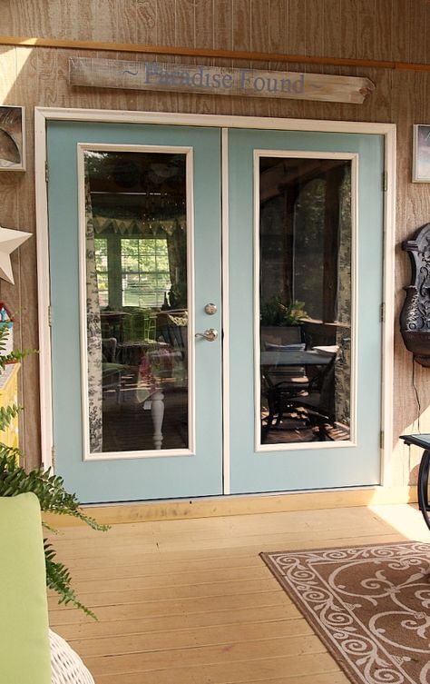 #DIY from gray to pretty blue - painted patio doors French Door Color Ideas, Patio Door Colors, Painted Patio Doors, Patio Door Makeover, Light Walls Darker Trim, Guest Bedroom And Office, Painted French Doors, Deck Door, Bedroom Sliding Door