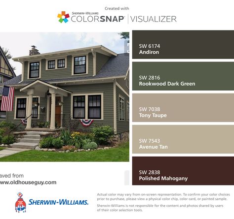 Green Exterior Paints, Green Exterior House Colors, Green House Exterior, House Paint Color Combination, Brown Roof, Green Exterior, Color Combinations Paint, House Shutters, Exterior House Paint Color Combinations