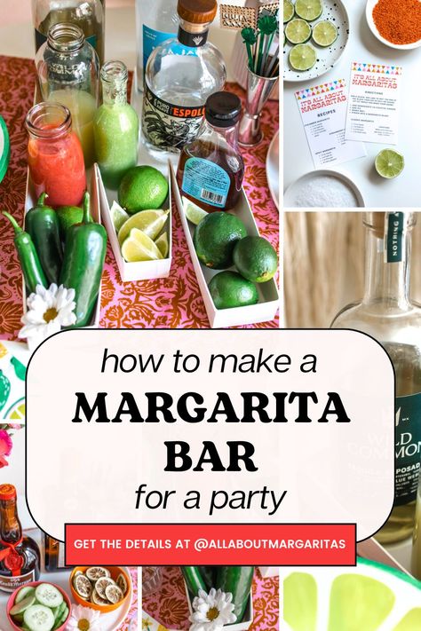 Set up a margarita bar in no time at all using our ultimate guide! We're covering everything you need, from ingredients, equipment, supplies, even recipes for making delicious margaritas. Build Your Own Drink Bar, Make Your Own Drink Party, Margarita Bar Set Up, Build Your Own Margarita Bar, Make Your Own Margarita Bar, Diy Bar For Party, Margarita Themed Bridal Shower Ideas, Last Margarita As A Senorita, Party Bar Set Up