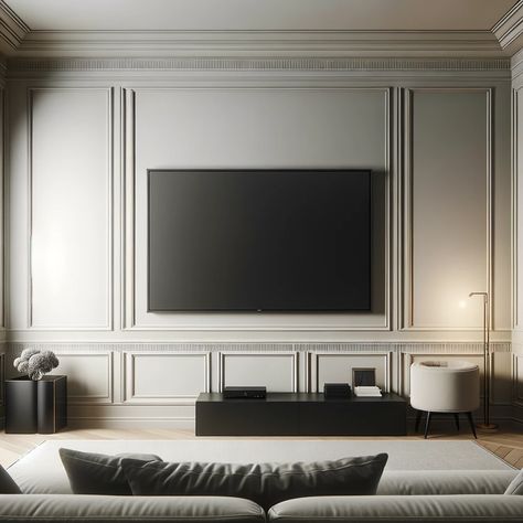 wainscoting tv accent wall Wainscoting Tv Wall Ideas, Tv Wall With Molding, High Wall Tv Decor Living Room, Trim Around Wall Mounted Tv, Living Room Tv Wall Designs, Waynes Coating Tv Wall, Wall Panelling With Tv, Wall Molding With Pictures, Theatre Wall Design