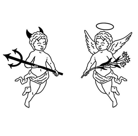 Small Angels Tattoos, Cherub Tattoo Men, Cupid Tattoo Men, Angels And Demons Tattoo, Angel Flash Tattoo, Devil And Angel Tattoo, Tattoo Cherub, Angel And Demon Tattoo, Angel And Devil Tattoo