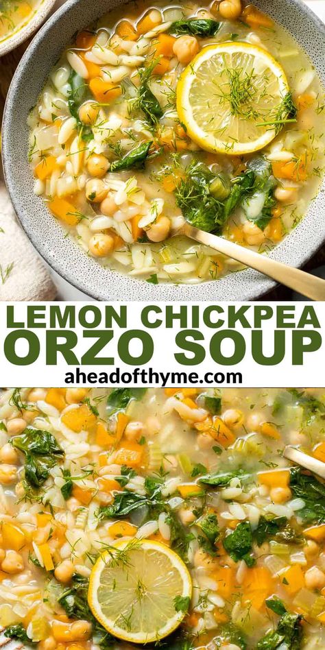 This Lemon Chickpea Orzo Soup is a cozy and hearty vegan soup loaded with veggies, chickpeas, and orzo pasta with the bright flavor of fresh lemon juice. This quick and easy soup is made with simple ingredients in under 30 minutes. The perfect weeknight lunch or dinner this fall! It comes together so quickly, yet is filling enough to eat on its own as a simple vegetarian meal. It's great for meal prepping, too. | aheadofthyme.com #chickpeasoup #orzosoup via @aheadofthyme Lemon Orzo Chickpea Soup, Lemon Soup Vegan, Soups Made With Orzo, Vegetable Soup With Orzo, Vegan Lemon Orzo Soup, Lemon Chickpea Orzo Soup, Easy Mediterranean Diet Soup Recipes, Lemon Orzo Soup Vegetarian, Loaded Veggie Soup