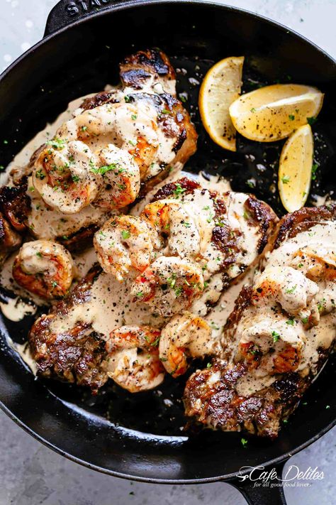 Steak And Creamy Garlic Shrimp is a fast and easy to make gourmet steak dinner! | cafedelites.com Gourmet Steak Dinner, Creamy Garlic Shrimp Recipe, Creamy Garlic Shrimp, Gourmet Steak, Easy Steak Recipes, Steak And Shrimp, Grilled Steak Recipes, Easy Steak, Steak Fajitas