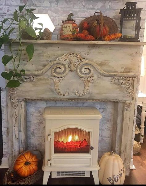 Faux Fireplace Surround, Fake Fireplace Heater, Wood Stove Decor, Fireplace Desk, Faux Fireplace Ideas, Decorate Apartment, Fireplace Surround Ideas, Stove Decor, Farmhouse Mantle Decor