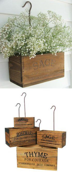 DIY nesting herb boxes | DIY wooden herb crates | Step-by-step hanging herb crate tutorial | Farmhouse style rustic decor | Free stencil | Free printable | Scarborough Fair | Scrap wood home decor | Stenciled home decor | How to stencil | Festive home decor | Cheap & easy crafts | Simple woodworking | #diy #stenciled #rustic #crates | TheNavagePatch.com Herb Boxes Diy, Hanging Planter Boxes, Ideas Terraza, Herb Boxes, Diy Hanging Planter, Scarborough Fair, Hanging Herbs, Boxes Diy, Outdoor Living Design