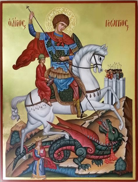 St. George the dragon-slayer on horseback, hand-painted an orthodox icon, Greek icon, orthodox gift, religious gift, iconographyPLEASE NOTE THIS LISTING IS MADE TO ORDER! MINOR DIFFERENCES ARE POSSIBLE BUT YOU WILL BE PROVIDED PICTURES OF THE ACTUAL ICON YOU ARE RECEIVING. The icon will be painted Bible Paintings, Saint Tattoo, Dragon Hand, Saint George And The Dragon, Greek Icons, Egg Tempera, Paint Icon, Saint George's, Orthodox Icon