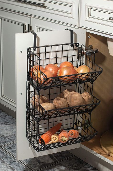 PRICES MAY VARY. mouse proof storage containers for fruit vegetable potato & onion or all other produce When this basket will hang on your kitchen cabinet you will finally feel the pleasure of an organized life you will actually be able to see and taste the food you have in your kitchen B est Under Sink Space Saver Triple Basket Compact design hanging fruit basket free space on countertop or walls; slanted panels for easy access fit inside cabine Hanging Fruit Basket, Inside Cabinet, Laundry Cabinet, Onion Storage, Produce Storage, Hanging Fruit Baskets, Kitchen Storage Hacks, Kabinet Dapur, Inside Cabinets