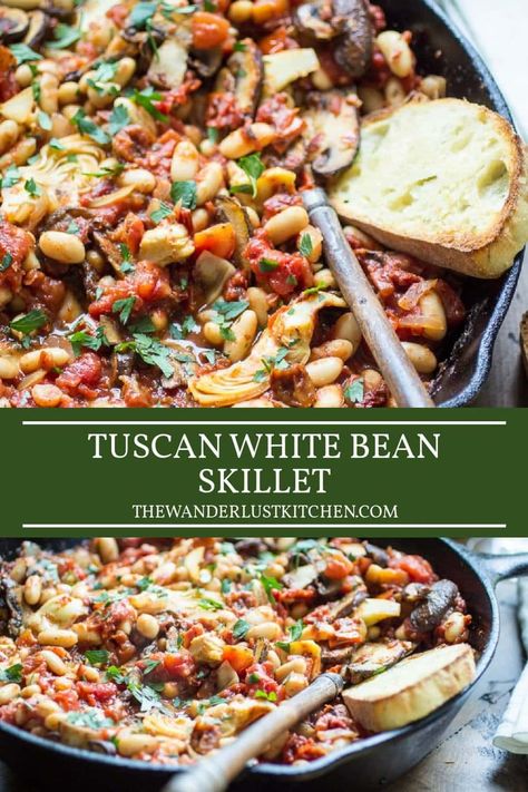 This vegetarian Tuscan White Bean Skillet recipe is made from pantry staples for a quick weeknight dinner! White Bean Skillet, Vegetarian Skillet, Tuscan White Bean, Vegetarian Dinners, Diet Vegetarian, Skillet Meals, Quick Weeknight Dinners, White Bean, Mediterranean Diet Recipes