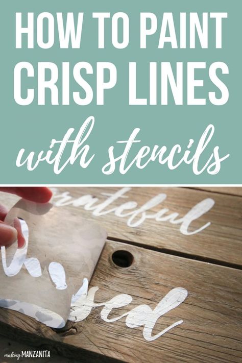 Text overlay that says How to paint crisp lines with stencils. Bottom half of photo shows stencil being pulled off of a wooden sign. Stencil Wood, Stencils For Wood Signs, Wooden Signs Diy, Diy Wood Signs, Text Overlay, Mason Jar Diy, Mason Jar Crafts, Diy Signs, Jar Crafts