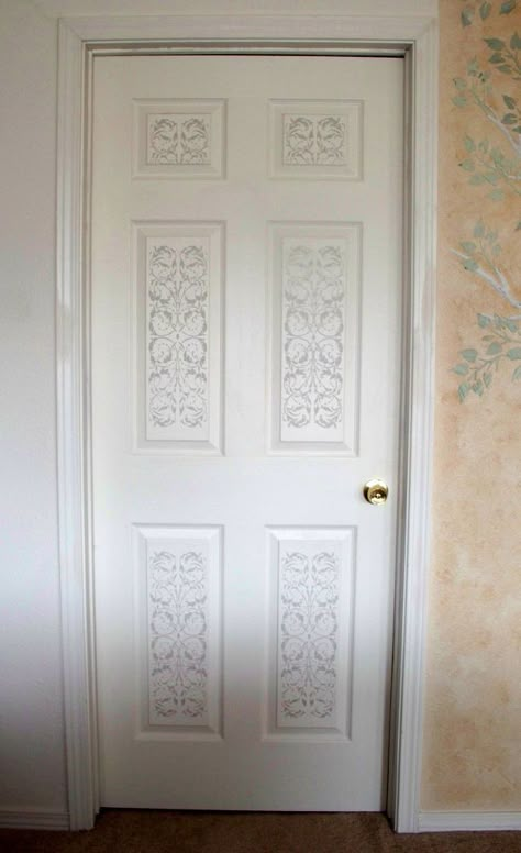 A New Decorating Surface is Born. Don t Ignore Your Doors. 6 Panel Door, Stenciled Doors, Wallpaper Door, Painted Drawers, Builder Grade, Stencil Ideas, Door Makeover, Bedroom Doors, Diy Door